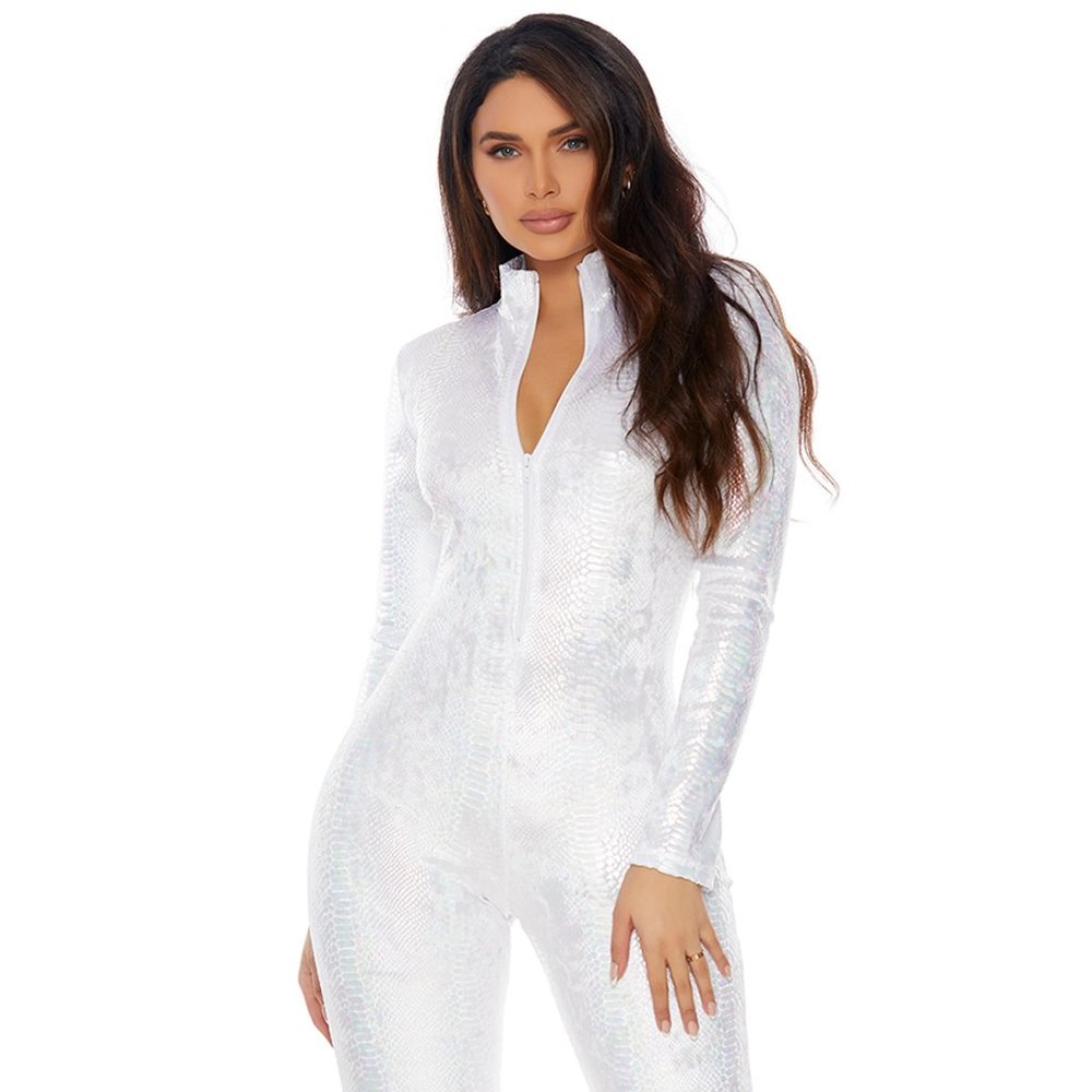 Iridescent Reptile Print Embossed Catsuit White